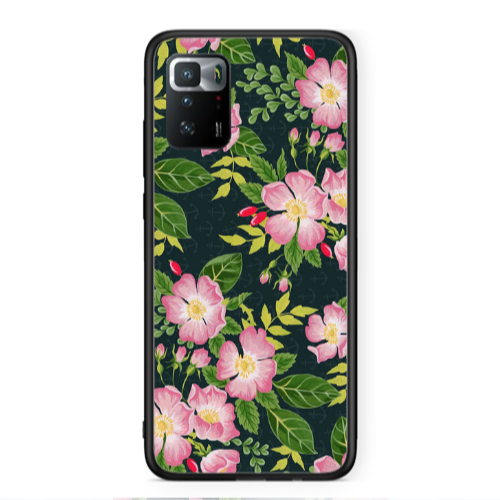 Xiaomi Poco X3 GT Pink flowers green laves Black Glossy Θήκη