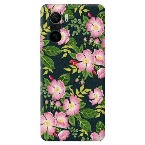 Xiaomi Poco F3 Pink flowers green laves Transparent Silicone TPU Θήκη