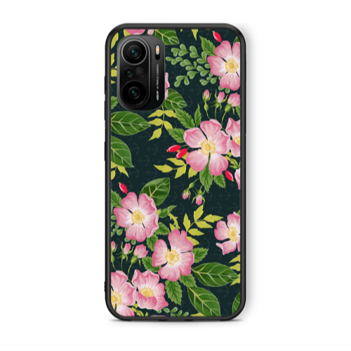 Xiaomi Poco F3 Pink flowers green laves Black Glossy Θήκη