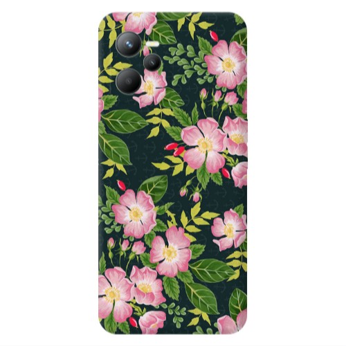Realme C35 Pink flowers green laves Transparent Silicone TPU Θήκη