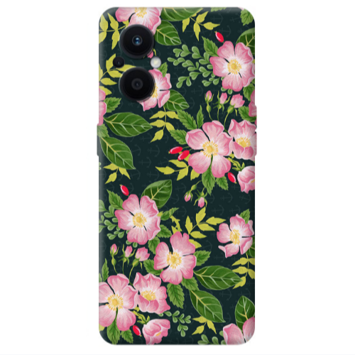 Oppo Reno 7 Lite Pink flowers green laves Transparent Silicone TPU Θήκη