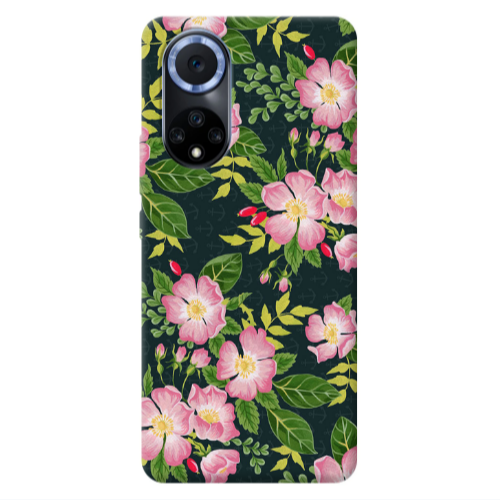 Huawei Nova 9 Pink flowers green laves Transparent Silicone TPU Θήκη