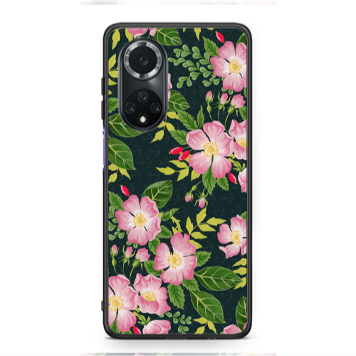 Huawei Nova 9 Pink flowers green laves Black Glossy Θήκη