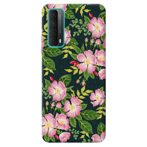 Huawei P Smart 2021 Pink flowers green laves Transparent Silicone TPU Θήκη