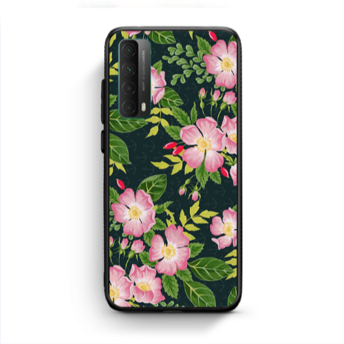 Huawei P Smart 2021 Pink flowers green laves Black Glossy Θήκη
