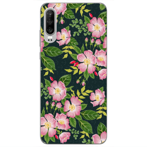 Huawei P30 Pink flowers green laves Transparent Silicone TPU Θήκη