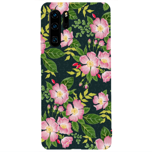 Huawei P30 Pro Pink flowers green laves Transparent Silicone TPU Θήκη