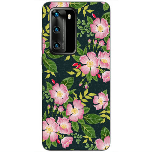Huawei P40 Pink flowers green laves Transparent Silicone TPU Θήκη