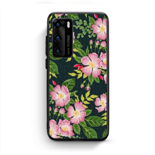Huawei P40 Pink flowers green laves Black Glossy Θήκη