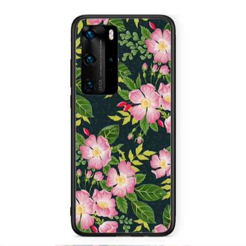 Huawei P40 Pro Pink flowers green laves Black Glossy Θήκη