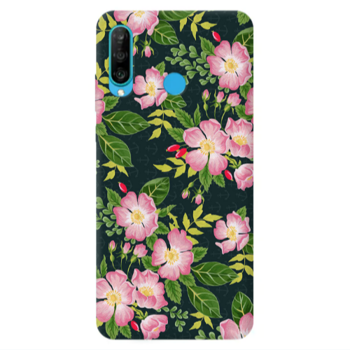 Huawei P30 Lite Pink flowers green laves Transparent Silicone TPU Θήκη