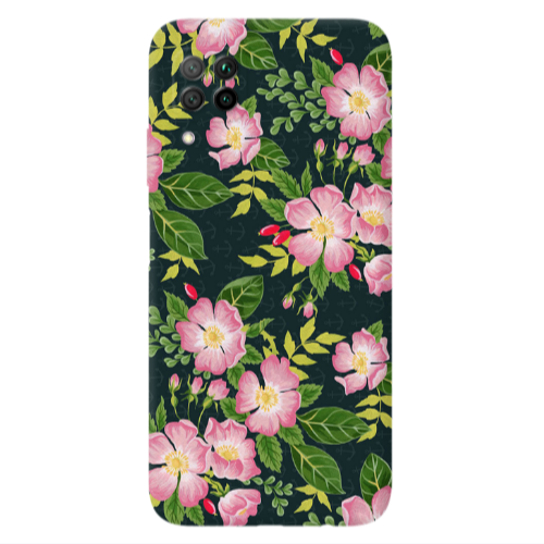 Huawei P40 Lite Pink flowers green laves Transparent Silicone TPU Θήκη