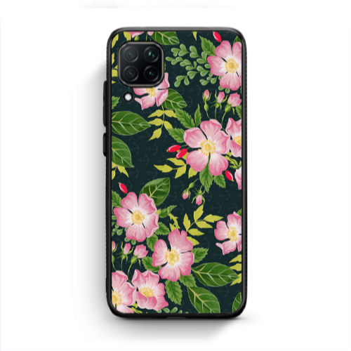 Huawei P40 Lite Pink flowers green laves Black Glossy Θήκη