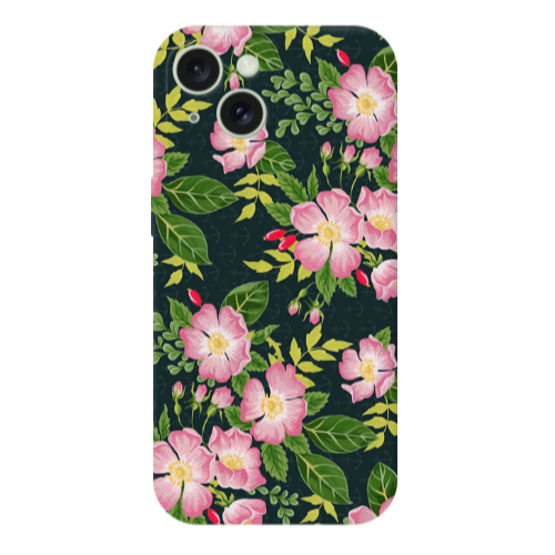 Apple iPhone 15 Plus Pink flowers green laves Transparent Silicone TPU Θήκη