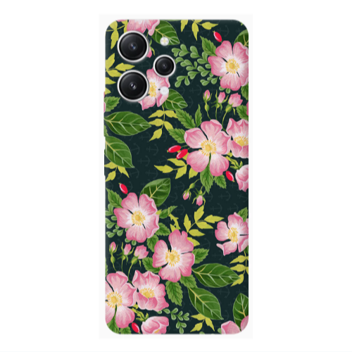 Xiaomi Redmi 12 Pink flowers green laves Transparent Silicone TPU Θήκη