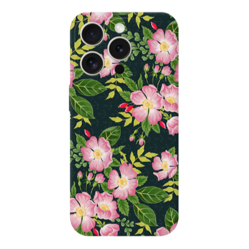 Apple iPhone 15 Pro Max Pink flowers green laves Transparent Silicone TPU Θήκη