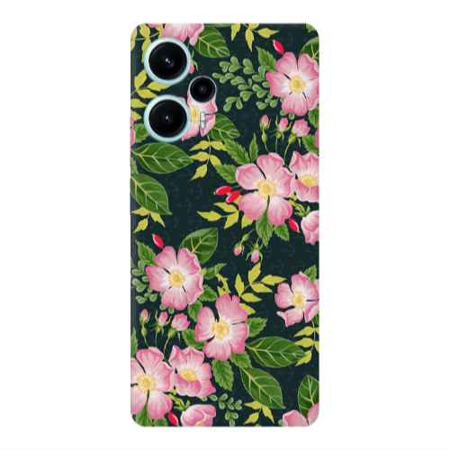 Xiaomi Poco F5 Pink flowers green laves Transparent Silicone TPU Θήκη