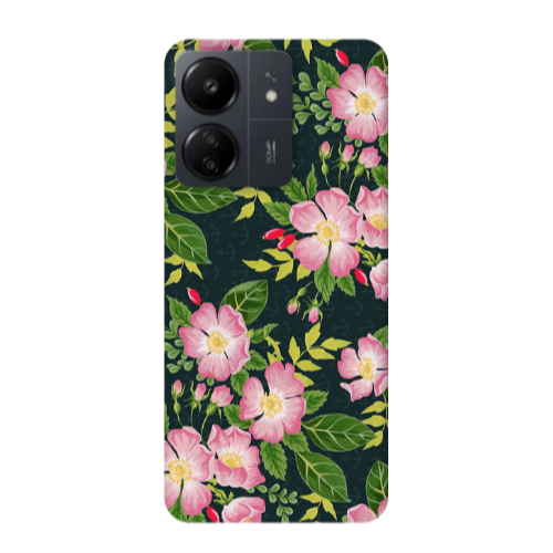 Xiaomi Redmi 13C Pink flowers green laves Transparent Silicone TPU Θήκη