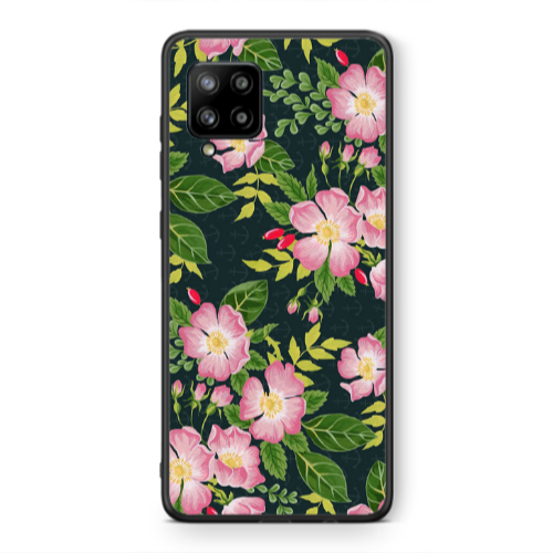 Samsung A42 5G Pink flowers green laves Black Glossy Θήκη