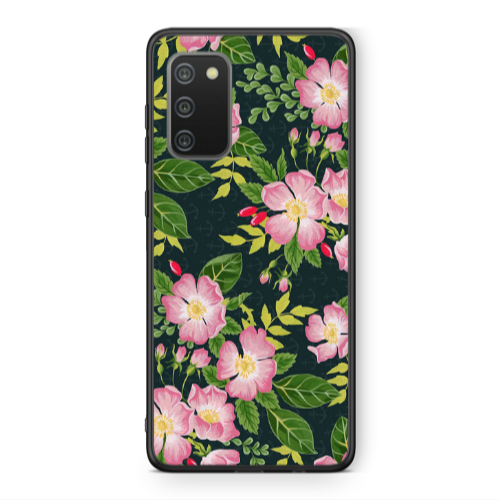 Samsung A02s Pink flowers green laves Black Glossy Θήκη