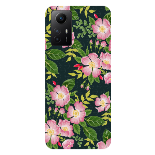 Xiaomi Redmi Note 12s Pink flowers green laves Transparent Silicone TPU Θήκη