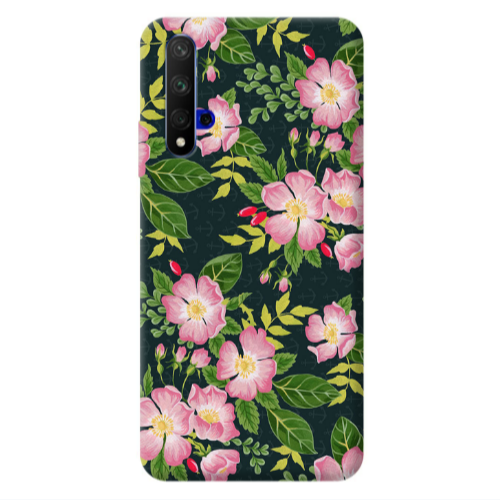 Huawei Nova 5 T Pink flowers green laves Transparent Silicone TPU Θήκη