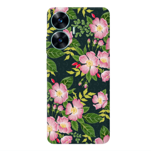Realme C55 Pink flowers green laves Transparent Silicone TPU Θήκη