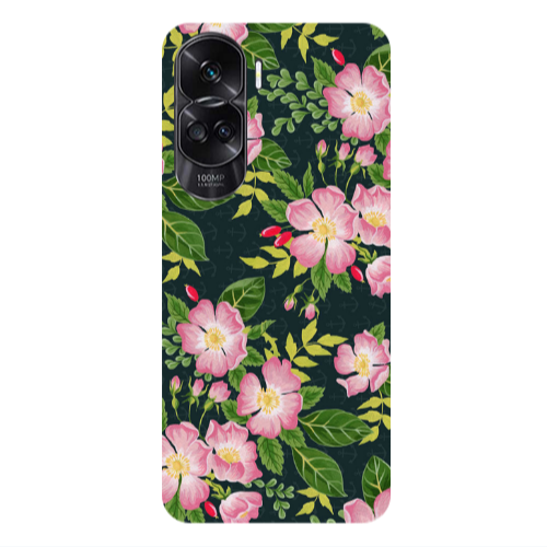 Honor 90 Lite 5G Pink flowers green laves Transparent Silicone TPU Θήκη