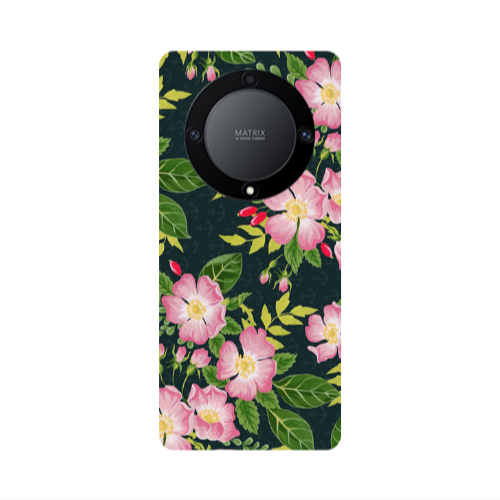 Honor Magic5 Lite 5G Pink flowers green laves Transparent Silicone TPU Θήκη