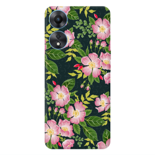 Oppo A 98 Pink flowers green laves Transparent Silicone TPU Θήκη