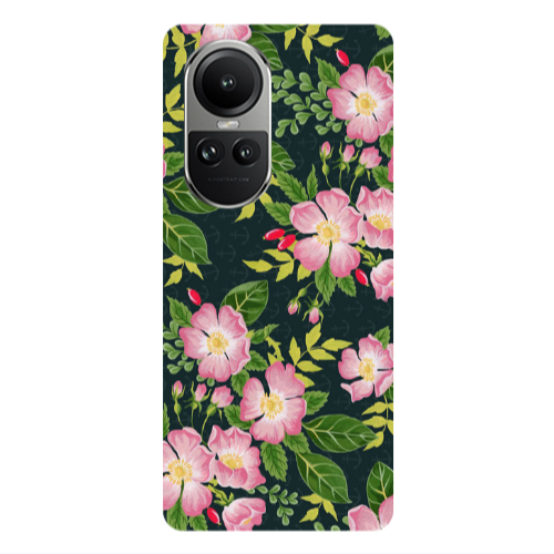 Oppo Reno10 5G Pink flowers green laves Transparent Silicone TPU Θήκη