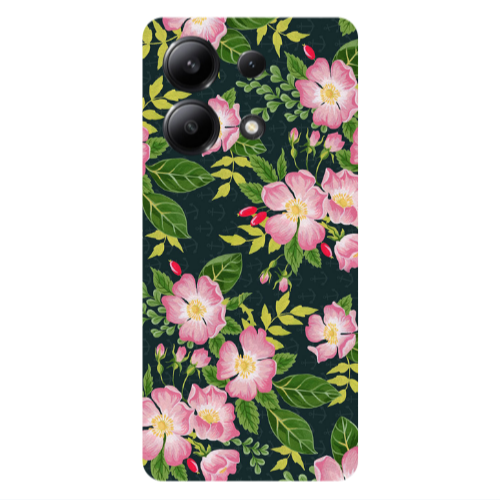 Xiaomi Redmi Note 13 4G Pink flowers green laves Transparent Silicone TPU Θήκη