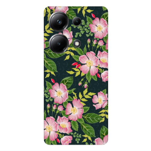 Xiaomi Poco M6 Pro 4G Pink flowers green laves Transparent Silicone TPU Θήκη