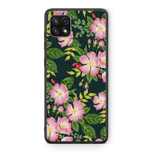 Samsung A22 5G Pink flowers green laves Black Glossy Θήκη