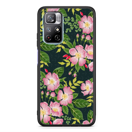 Xiaomi Poco M4 Pro 5G Pink flowers green laves Black Glossy Θήκη