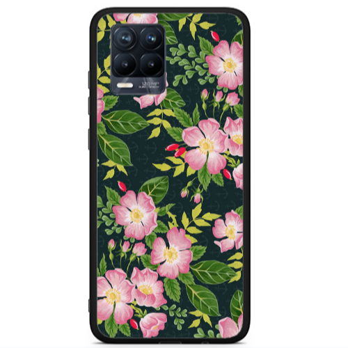 Realme 8 i Pink flowers green laves Black Glossy Θήκη