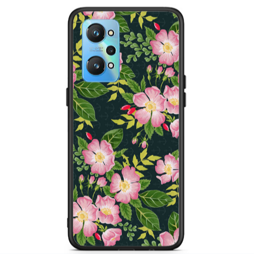 Realme Gt Neo 2 Pink flowers green laves Black Glossy Θήκη