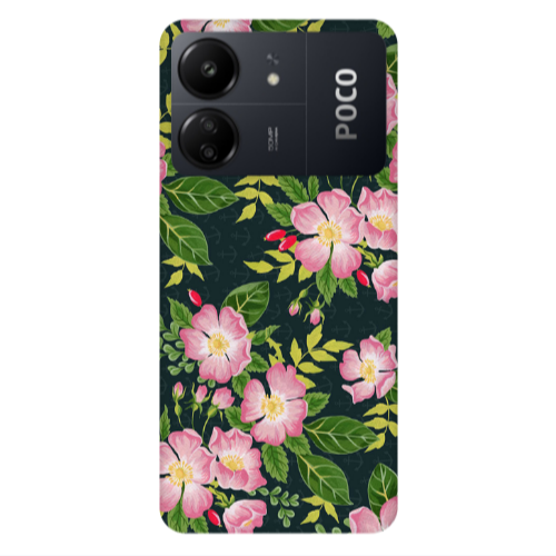 Xiaomi Poco C65 Pink flowers green laves Transparent Silicone TPU Θήκη