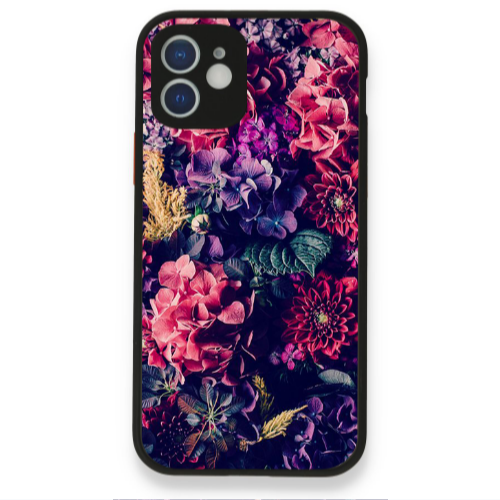 Apple iPhone 12 Purple and pink flowers Black Glossy Θήκη