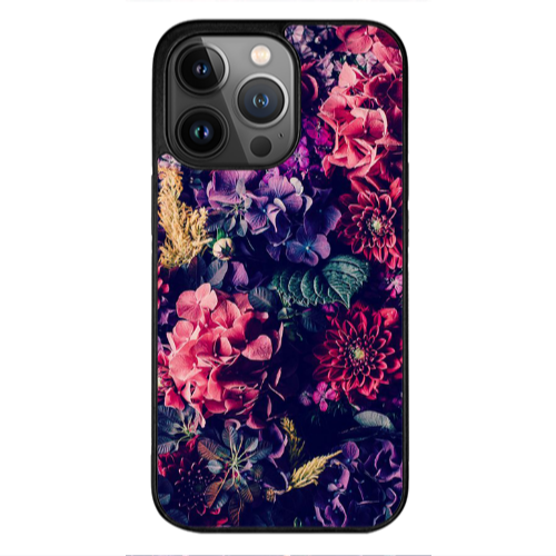 Apple iPhone 13 Pro Max Purple and pink flowers Black Glossy Θήκη