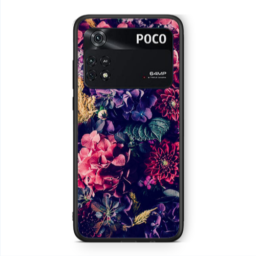 Xiaomi Poco M4 Pro 4G Purple and pink flowers Black Glossy Θήκη
