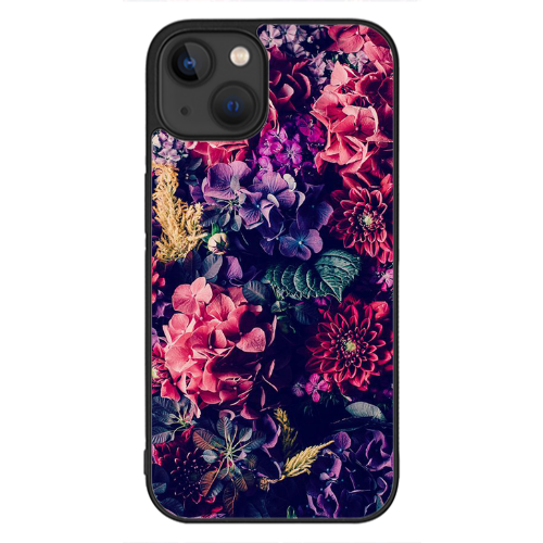 Apple iPhone 13 Mini Purple and pink flowers Black Glossy Θήκη