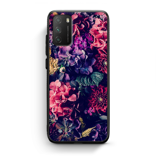 Xiaomi Poco M3 Purple and pink flowers Black Glossy Θήκη