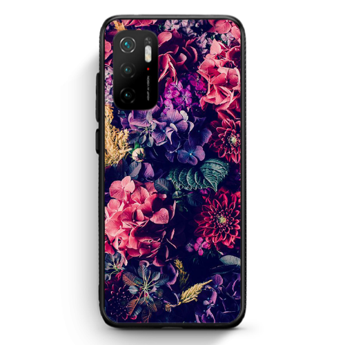 Xiaomi Poco M3 Pro Purple and pink flowers Black Glossy Θήκη