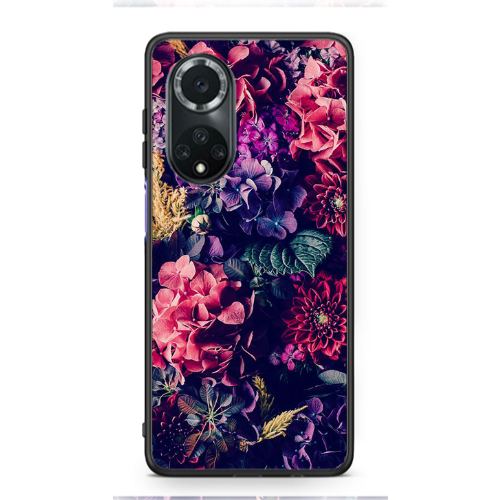 Huawei Nova 9 Purple and pink flowers Black Glossy Θήκη