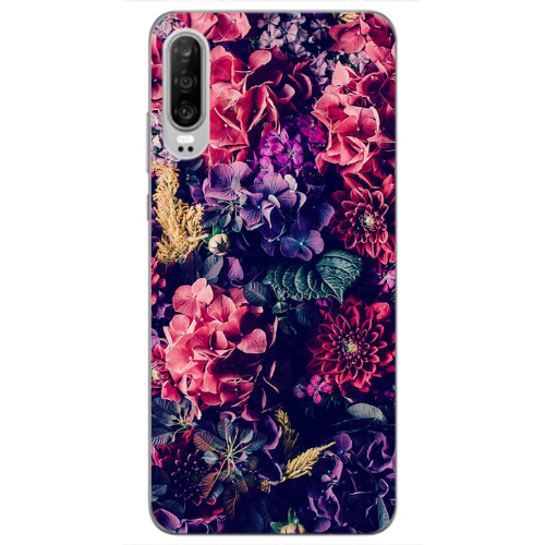 Huawei P30 Purple and pink flowers Transparent Silicone TPU Θήκη