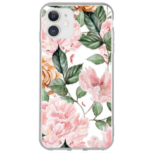 Apple iPhone 12 Mini Pink rose and laves Transparent Silicone TPU Θήκη