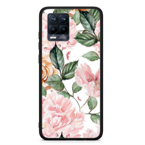 Realme 8  Pink rose and laves Black Glossy Θήκη