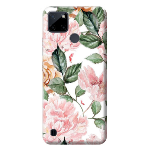 Realme C25Y Pink rose and laves Transparent Silicone TPU Θήκη