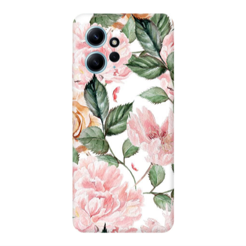 Xiaomi Redmi Note 12 4G Pink rose and laves Transparent Silicone TPU Θήκη